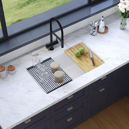 Image of DeerValley White Undermount Kitchen Sink 33 Inch, Single Bowl Granite Composite Kitchen Sink Basin with Workstation Accessories