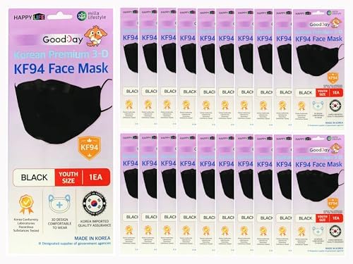Premium 3D Disposable Black Kids KF94 Face Mask, Youth Age 5-15 Old, 4-Layer Filters Individual Pack, Made in Korea