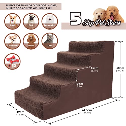 Hevol Pet Steps For High Bed, 5 Tiers Widened Dog Stairs With Removable And Washable Cover, Plastic Pet Stairs For Small Dogs And Cats, Hold Up To 50 Lbs - Send 1 Pet Grooming Gloves & Lint Roller #TOP1