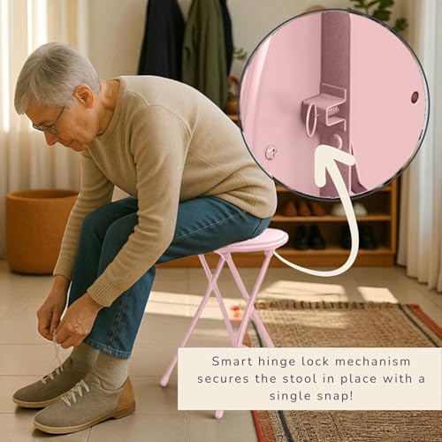 Image of Lavish Home Folding Stool with Padded Backless Seat Set of 2, Pink, 24 inch | Counter Height Bar Stools with 225lb Capacity, Portable Indoor & Outdoor, Extra Seat for Kitchen, Rec Room or Camping