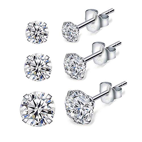 CZ Stud Earrings 925 Sterling Silver Cubic Zirconia Stud Earrings Set for Women Men - 3 Pairs Hypoallergenic 14K White Gold Plated Round Cut Simulated Diamond Cartilage Tragus Studs - 3mm 4mm 5mm