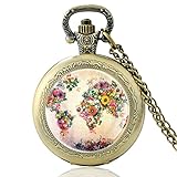  JTWMY Colorido Mapa del Mundo de Flores Reloj de Bolsillo de Cuarzo Vintage Encanto Cúpula de Cristal Colgante Collar Horas Reloj Regalos-Bronce