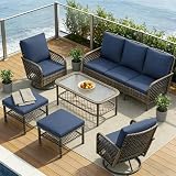 AECOJOY Patio Furniture Set Outdoor Sectional Sofa Couch and High Back Swivel Rocker Patio Chairs 6PCS Brown Wicker Conversation Set (Dark Blue, 6PCS- Whole Set)