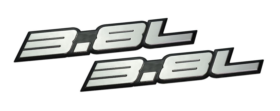 ERPART 3.8L Liter Embossed Silver on Black Highly Polished Silver Real Aluminum Auto Emblem Badge Nameplate (Pack of 2)
