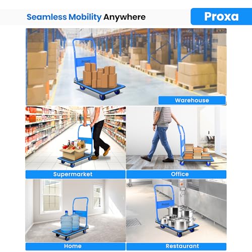 Image of Proxa 150 kg Steel Foldable Platform Trolley | Heavy Duty Material Handling Cart with 4 Inch Wheels | Portable Goods Trolley for Warehouse, Office, Home & Industry Use (72.5 x 46.5 x 85.5 cm)