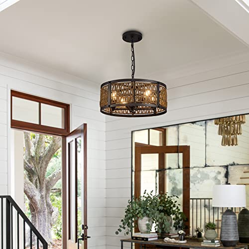 Zhizenl Pendant Lights, Farmhouse Rattan Pendant Light, 4-Lights E12 Industrial Wicker Black Chandeliers Light Fixture For Dining Room, Kitchen Island, Bedrooms, Entryway #TOP7