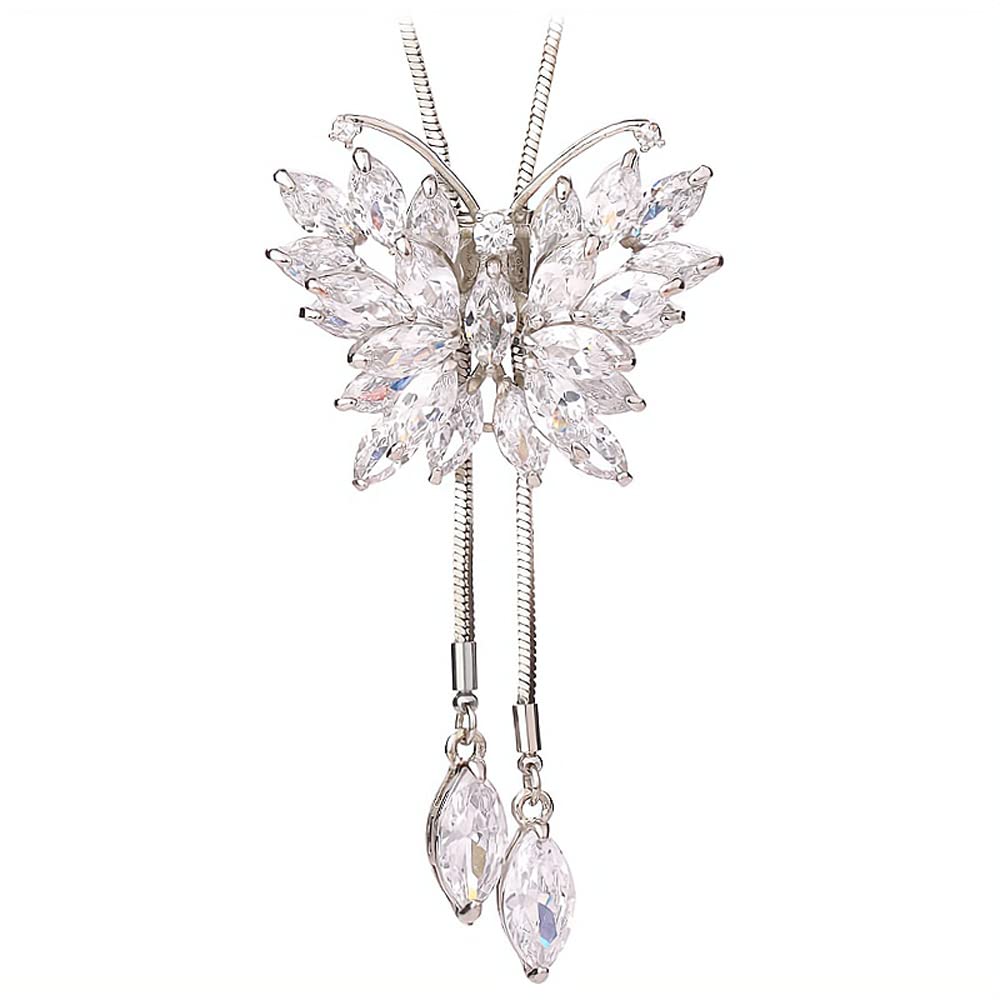 Women Cubic Zirconia flower Butterfly Long Adjustable Chain Pendant Sweater Necklace
