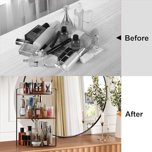 Image of 3 Tier Corner Bathroom Counter Organizer, Countertop Organizer, Makeup Organizer Countertop, Bathroom Storage Sink Shelf, Wooden and Metal Counter Shelf (Red Brown)