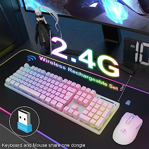 Felicon L96 Wireless Keyboard Mouse Combo, 3650Mah Rechargeable Rgb Full Size Keyboard With Pudding Keycaps, Ergonomic Mechanical Feel 4800 Dpi Rainbow Led Mute Mouse 2.4G Usb For Pc/Mac(White) #TOP1