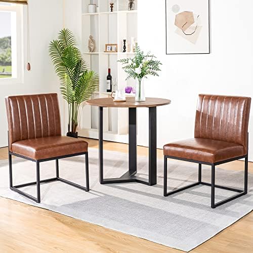 SIMTONAL Modern Dining Chairs Set of 2, Leather Dining Room Chairs Upholstered Mid Century Armless Guest Side Chair with Black Base, Industrial Brown 2PCS