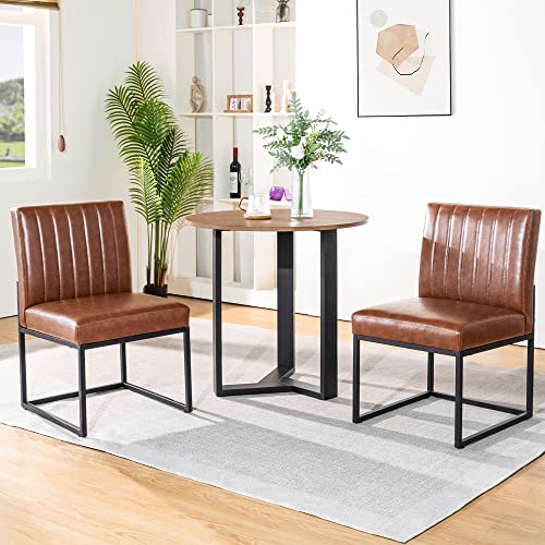 Simtonal Modern Dining Chairs Set Of 2, Leather Dining Room Chairs Upholstered Mid Century Armless Guest Side Chair With Black Base, Industrial Brown 2Pcs #TOP6