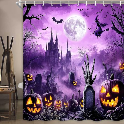 Image of Boziqr Halloween Shower Curtain Scary Night Moon Witch Haunted House Pumpkin Bathroom Decor Fall Autumn Gothic Bath Curtain Purple Waterproof Polyester Fabric Set 70 x 70 Inch