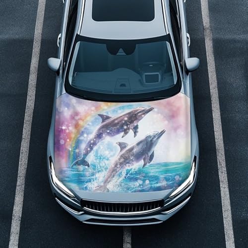 Image of Dolphin Rainbow Print Car Hood Cover Weather-Resistant Automotive Hood Covers Elastic Fabrics Car Bonnet Banner Outdoor Indoor Foldable Protective Cover