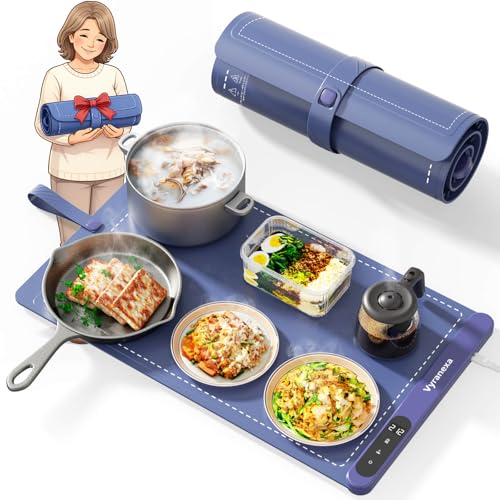 Food Warming Mat for Food, Upgrade High-tech Graphene Heating with 6-Level Adjustable Temperature and 6-Hour Timer, Silicone Roll Up Food Warming Tray, Portable for Parties (Navy Blue, Large)
