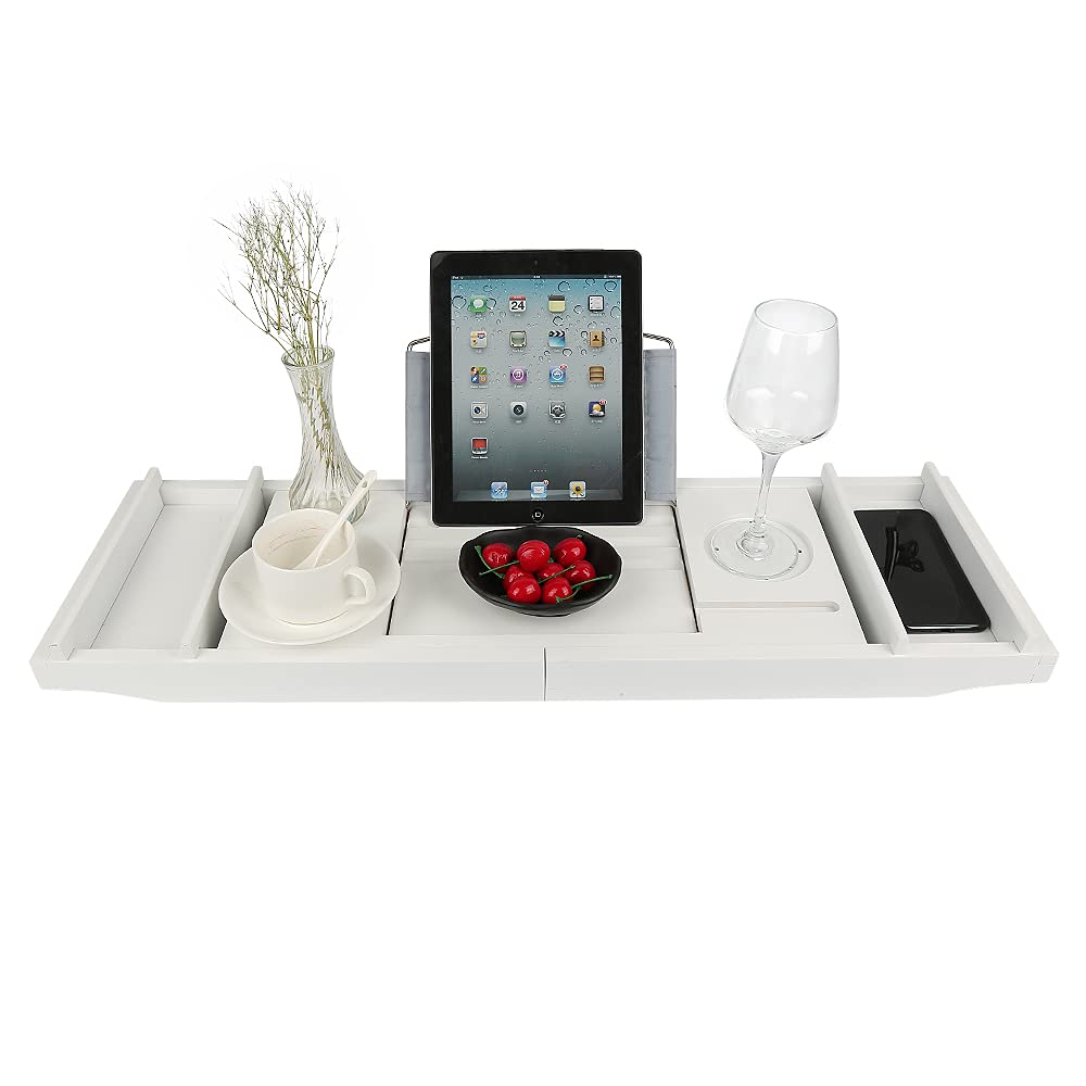 HUOLE Vassoio per Vasca da Bagno, in bambù, Estensibile, con Supporto per Computer Portatile e Supporto per iPad, Telefono, Tablet, Kindle, Vino e Candele