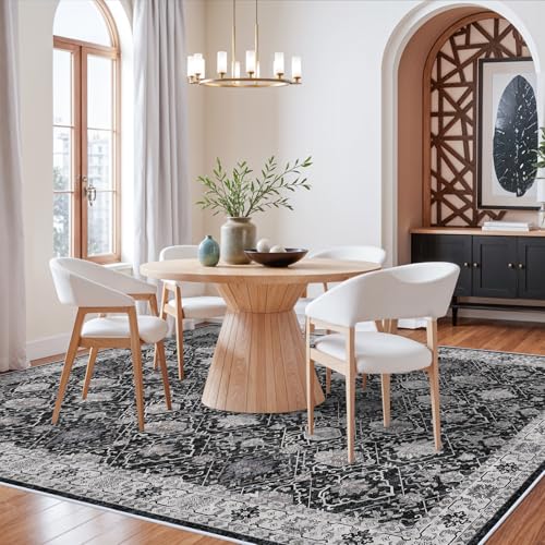 Washable 8x10 Living Room Rug: Vintage Low Pile Water Resistant Area Rug with Non-Slip Backing for Bedroom Dining Room Distressed Carpet for Nursery Indoor Soft Floor Mat for Home Office (8x10 Black)