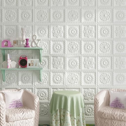 Papel pintado tridimensional 3D autoadhesivo blanco, pack de 10 piezas para pared de salon 6