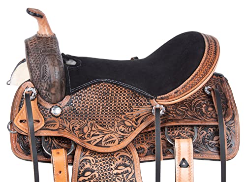 Acerugs Hand Carved Western Leather Barrel Racing Pleasure Trail Horse Saddle &Tack (16") #TOP5