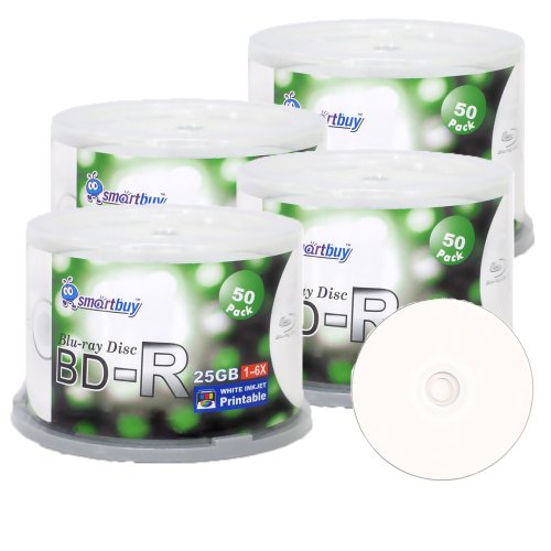 Image of Smartbuy 25gb 6X Bd-r Blu-ray Single Layer White Inkjet Printable Blank Data Recordable Disc Spindle (200-Disc)