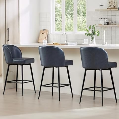 Watson & Whitely Counter Height Bar Stools Set of 3, 360° Swivel Upholstered Barstools with Backs and Metal Legs, 26" H Seat Height, Faux Leather in Blue Cover