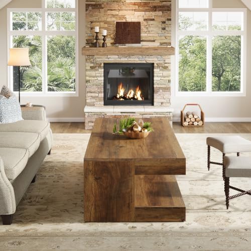 Image of Tribesigns Coffee Table for Living Room, 47.24 Inch Farmhouse 2-Tier Accent Center Tea Cocktail Table with Storage, Brown, Rectangle