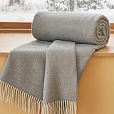 Bedsure 100% Wool Blanket for Women Gift - GentleSoft and Cozy, Lightweight Warm Blanket for Winter, Luxury Herringbone Throw for Couch, Grey, 50x60 Inches