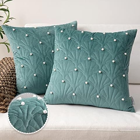 Ashler Throw Pillow Covers Set of 2 with Pearl for Sofa, Cushion Covers for Bedroom Room Decorative Pillowcases 18 X 18 Inches Lake Blue Cover