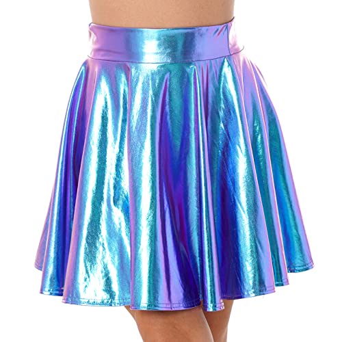 Choomomo Damen Wetlook Rock Mini Faltenrock Shiny Metallic Plisseerock Glänzend Skaterrock Lederrock Gogo Clubwear Blau B XL Cover
