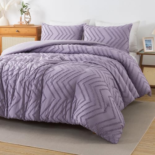 Image of Andency Purple Comforter Set Full Size, Boho Girls Women Lavender Soft Fluffy Warm Lightweight Bedding Comforter Sets for Full Bed, 3 Pieces Chevron Tufted Aesthetic Microfiber Comforter Set
