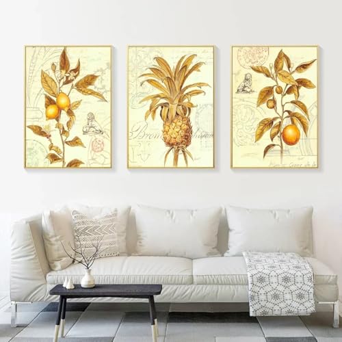 Toile fleurs dorées et ananas pour décoration salon et chambre triptyque 50x75cm