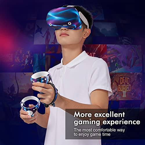Relohas Accessories For Oculus Quest 2, Vr Accessory Set For Meta Quest 2, Include Controller Grip Leather Cover, Vr Shell Cover, Face Cover, Lens Cover And 10Pcs Disposable Eye Cover(Aurora Blue) #TOP5