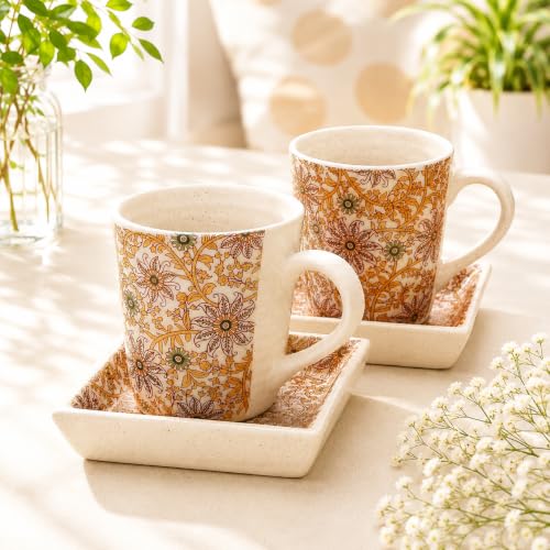 Image of Miah Decor Ceramic Coffee Mugs Set with Serving Platter, Handmade Stoneware