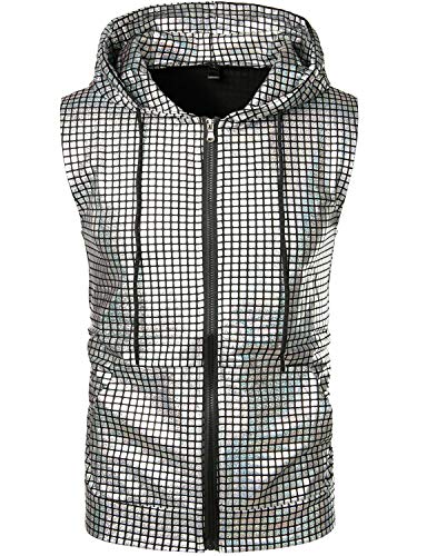 ZEROYAA Mens Shiny Metallic Zip Up Sleeveless Hooded Vest T Shirt with Kangaroo Pocket