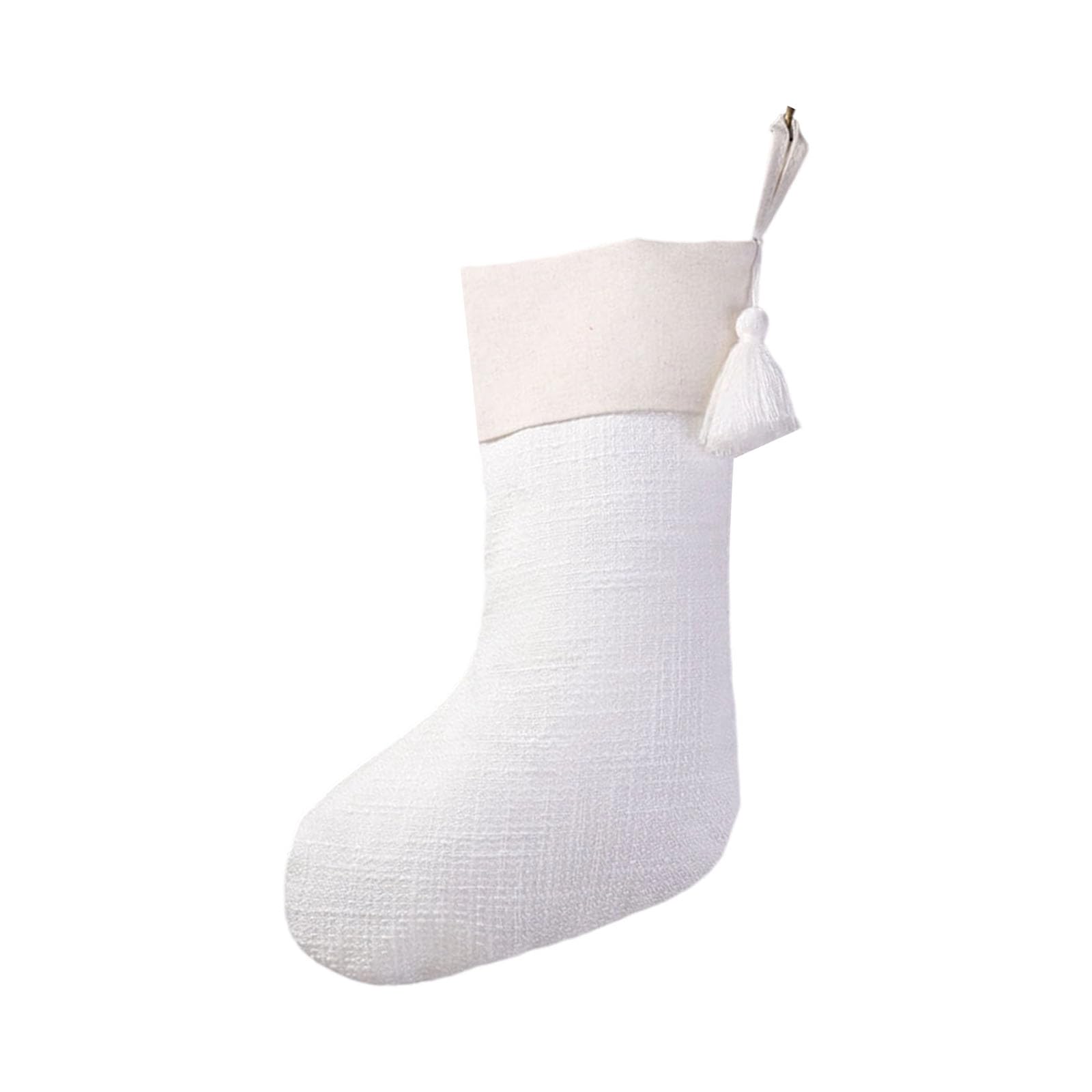 Buxuaaaa White Festival Stocking With Plush Texture Decorative Fringed Christmas Sock Ornament With Tassels And Cuff Comfortable Christmas Sock