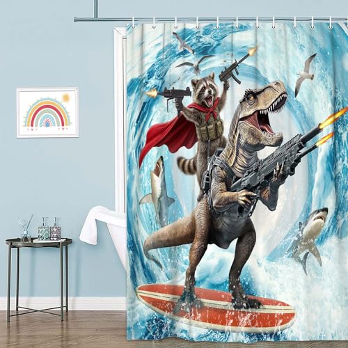 Image of Funny Raccoon Riding Dinosaur Shower Curtain, Cool Animal Surfing Ocean Wave Bathroom Decor Shower Curtain Set with Hooks, Waterproof Fabric Nautical Bath Curtain for Kids, 72X78 Inches