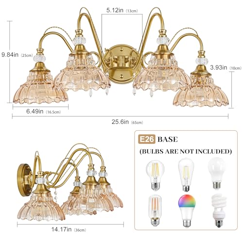 Image of Vintage Bathroom Vanity Light, 4-Light Brushed Gold Finish Wall Sconce with Hanging Crystal Accents and Flower-Shaped Amber Glass Shades, Retro Wall Mount Vanity Light Over Mirror for Bathroom