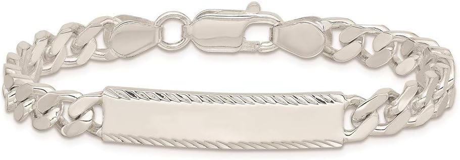 Polished Engravable Personalized Custom 925 Sterling Silver Diamond-cut Curb Link ID Bracelet For Men or Women Length 8 inches Width 6 mm With Lobster Claw Clasp