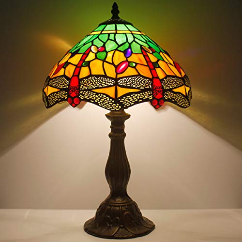 Image of WERFACTORY Tiffany Table Lamp Stained Glass Dragonfly Style Light 18 Inch