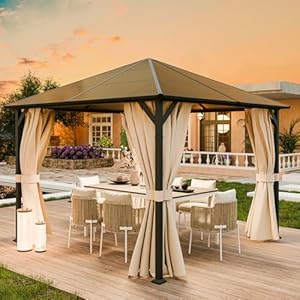 UDPATIO Hardtop tuinhuisje, aluminium tuinhuisje voor buiten, gegalvaniseerd staal, luifel, dubbel dak, aluminium frame, pergola’s met muggennet en gordijnen voor tuin, feesten, terras, dek en gazons,