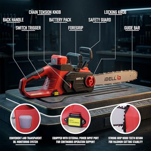 Image of IBELL Brushless 40V Cordless Chainsaw Brushless IBL BS40-17, 1650W Power, 16-Inch Guide Bar, 15m /s Chain Speed, 7500 RPM, 4Ah Li-Ion Battery, Heavy Duty Wood Cutting Machine - 12 Months Warranty