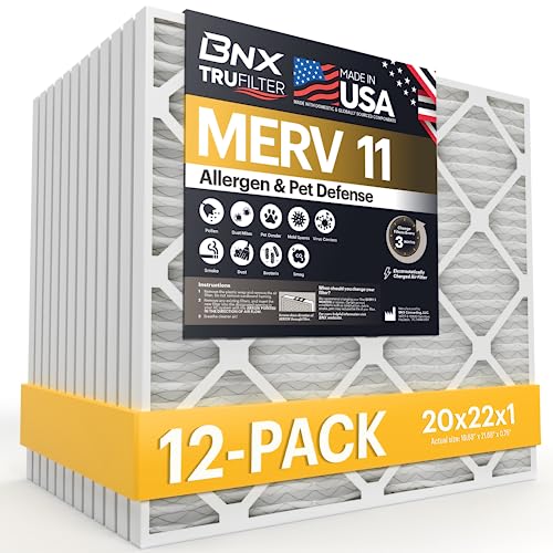 Image of BNX TruFilter 20x22x1 Air Filter MERV 11 (12-Pack)- MADE IN USA - Allergen Defense Electrostatic Pleated Air Conditioner HVAC AC Furnace Filters for Allergies, Dust, Pet, Smoke, Allergy MPR 1200 FPR 7