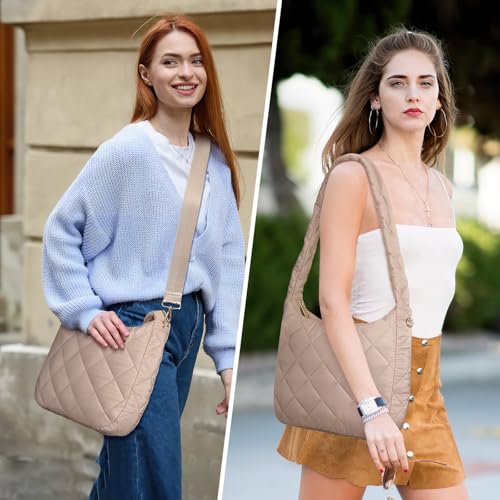 Image of MoKo Puffer Tote Bag with Detachable Strap Small Puffy Crossbody Shoulder Bag, Lightweight Soft Quilted Padding Hobo Bag with Multiple Pockets up to 11inch iPad /Tablets, Coffee