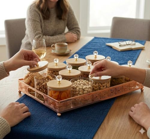 Image of Diwali Serving Dry Fruit Tray, 12 pcs Glass Container Serving Tray Set | 600 ML Each Premium Design Air-Tight Lid Copper Stand Organizer Bamboo Lid jar
