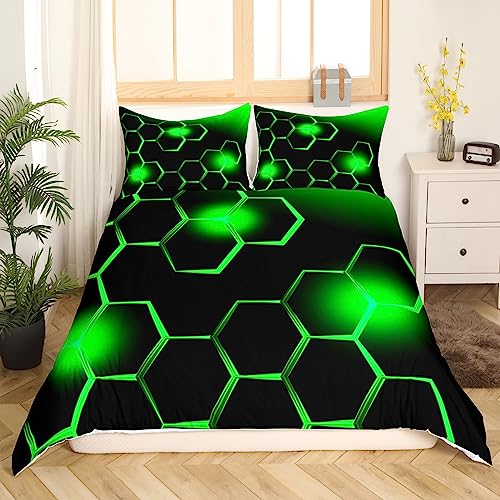 Feelyou Green and Black Bedding Duvet Cover Set Twin Size Honeycomb Bedding Set for Kids Boys Girls Decor Geometrical Comforter Cover Set Microfiber Beehive Geometric Bedspread Cover