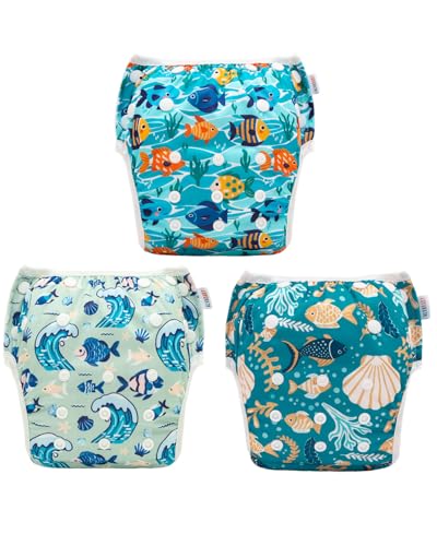 Image of ALVABABY Large Cloth Swim Diaper 3pcs Baby Toddler Infant Snap Reusable Adjustable Swimming Diaper Baby Boy and Girl 3ZSWY77