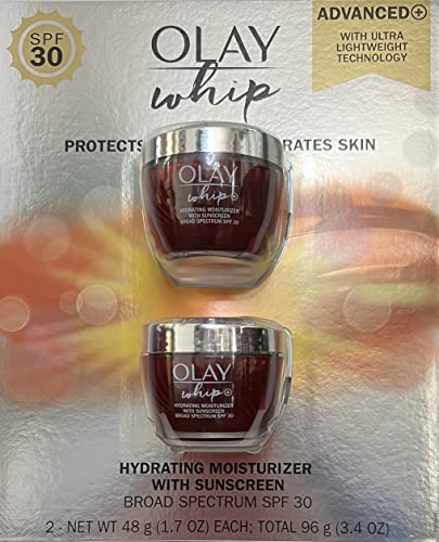 Olay Whip Advanced Hydrating Moisturizer with Sunscreen, Broad Spectrum SPF 30, Total 3.4 OZ (2 Packs)