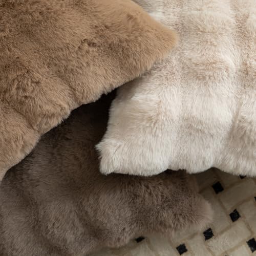 Image of MANDIOO Pack of 2 Thick Plush Wool Decorative Throw Pillow Covers Super Soft Wave Bubble Fur Velvet Cushion Covers Pillow Shams for Couch Bed Living Room 16x16 Inch Beige