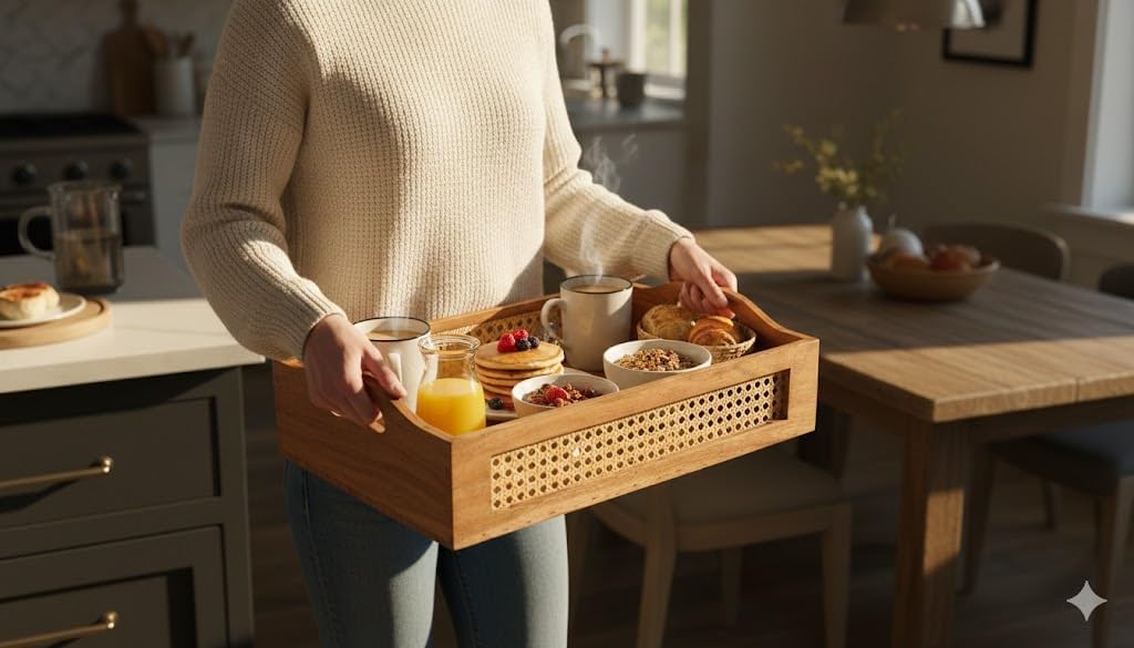 15 x 10 Inch Acacia Wood Serving Tray with Handles & Rattan Weave, Decorative Wooden Platter for Kitchen Dining Charcuterie Cheese Board Breakfast Lunch Dinner Appetizer Beverages Ottoman Coffee Table