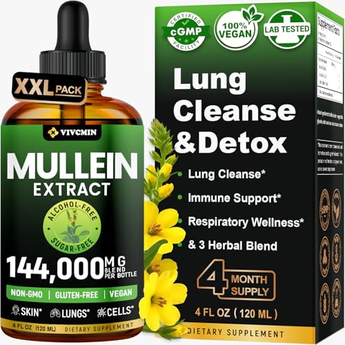 vivcmin Mullein Drops for Lungs with Licorice & Astragalus, Lung Detox for Smokers Tincture, Respiratory & Immune Support, Mullein Leaf Extract for Lung Cleanse, 4 fl oz