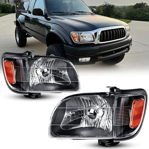 Headlights with Corner Lights Assembly Set For 2001 2002 2003 2004 Toyota Tacoma Base Runner Pickup Replacement Front Headlamp Bumper Lights Black Housing Clear Lens TO2503136 TO2502136(LH&RH)